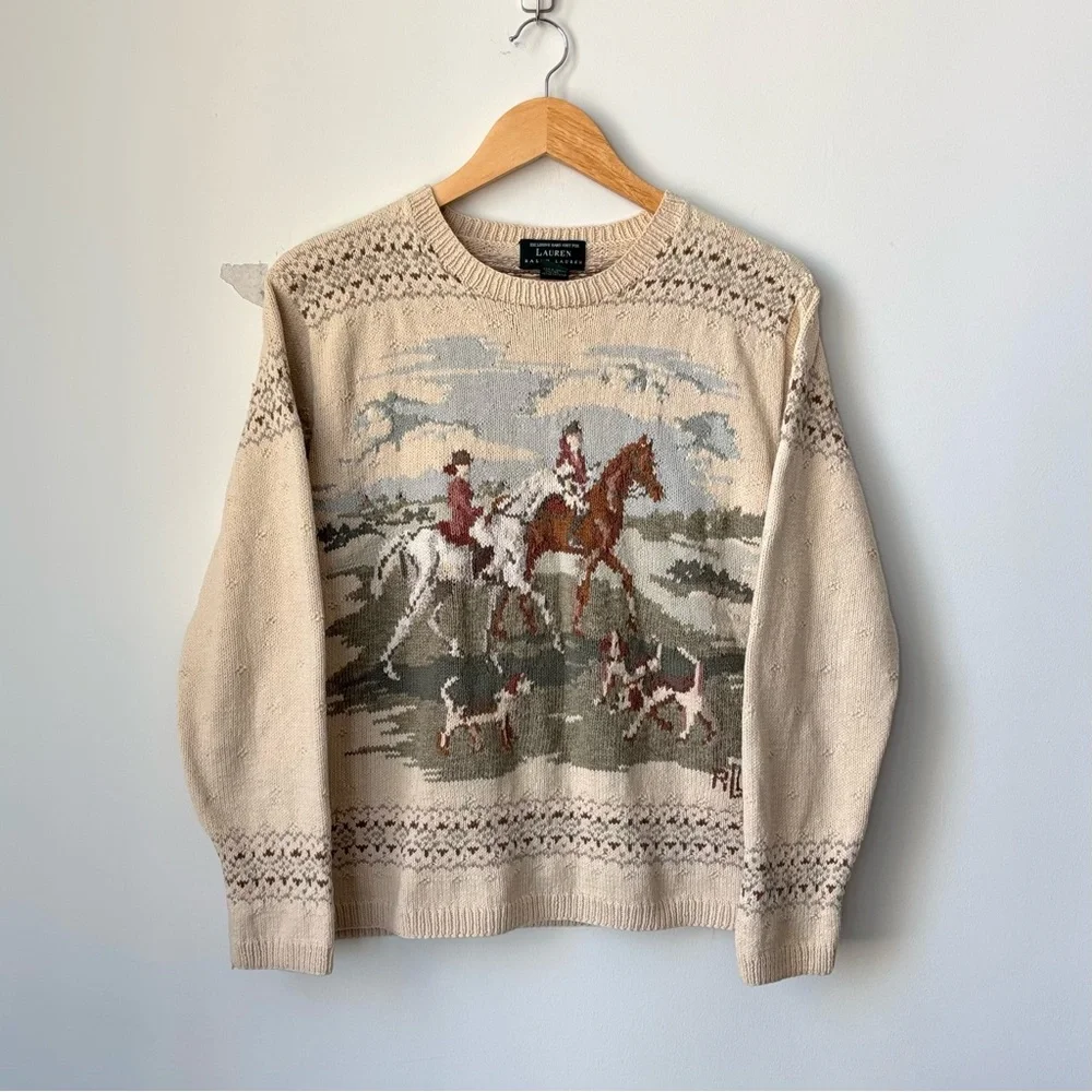Vintage Ralph Lauren Equestrian Fox Hunt Sweater Size L Handknit Tapestry Horse - Picture 1 of 13
